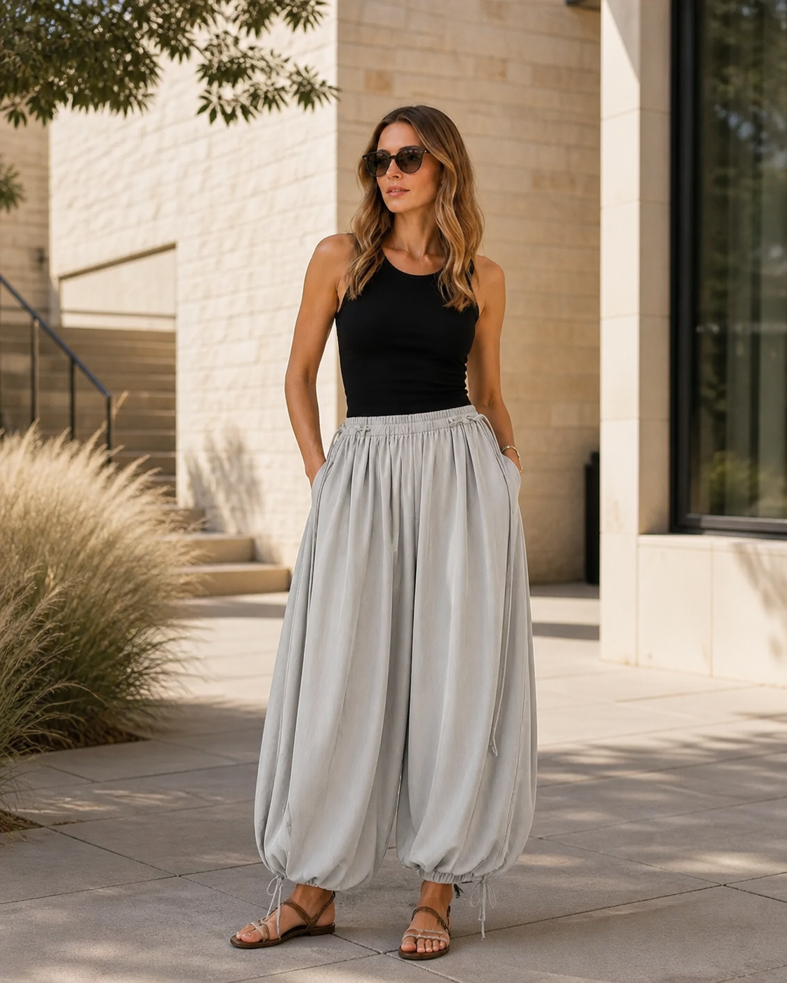 Grey Adjustable Balloon Pants styled in Austin